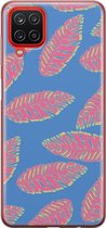 Samsung Galaxy A12 Telefoonhoesje - Transparant Siliconenhoesje - Flexibel - Met Plantenprint - Tropische Blaadjes - Donkerblauw