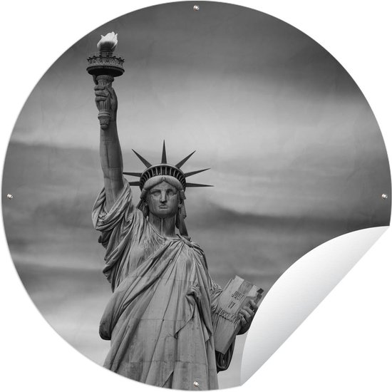 Tuincirkel New York - Vrijheidsbeeld - Zwart - Wit - 150x150 cm - Ronde Tuinposter - Buiten