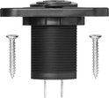 Zwarte USB-inbouwdoos met twee metalen pennen aan de onderkant en twee schroeven.