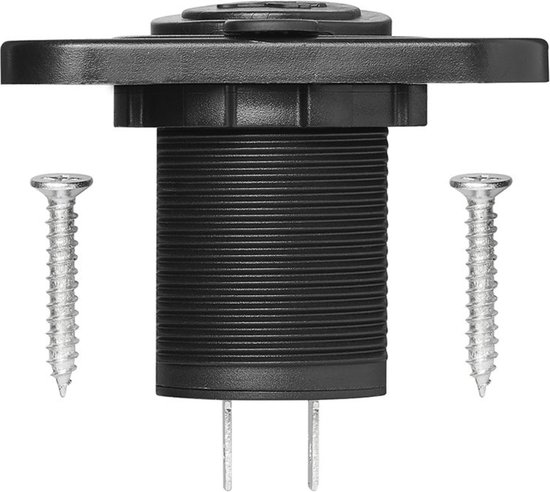 Zwarte USB-inbouwdoos met twee metalen pennen aan de onderkant en twee schroeven.
