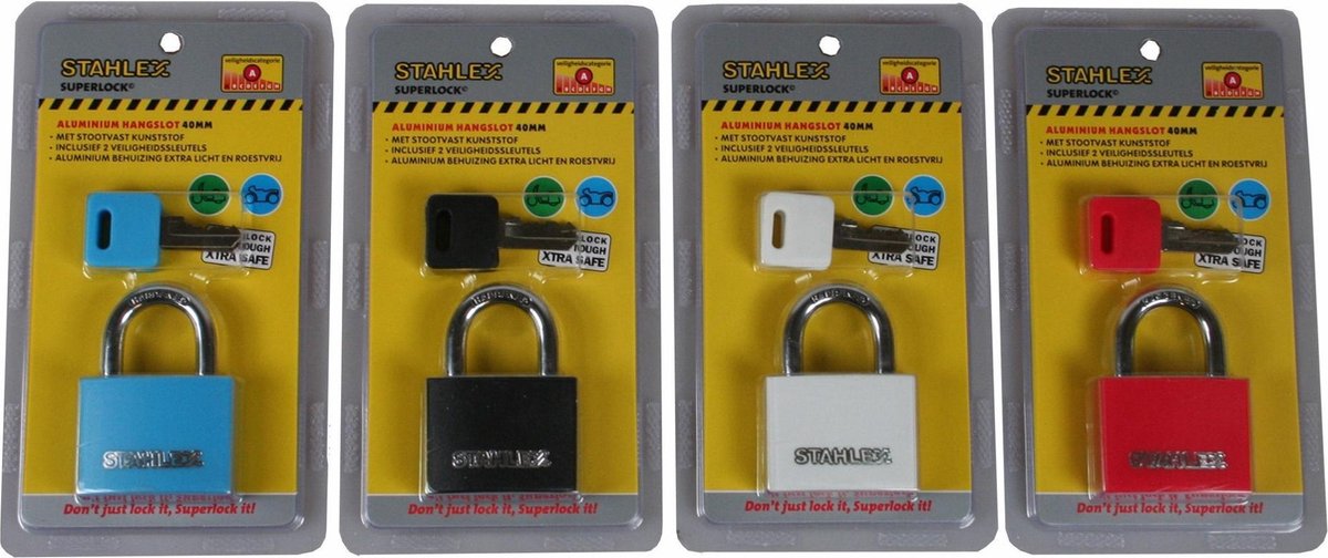 Stahlex Hangslot aluminium - kleurrijk - 40 mm - lichtgewicht - stootvast - met 2 sleutels