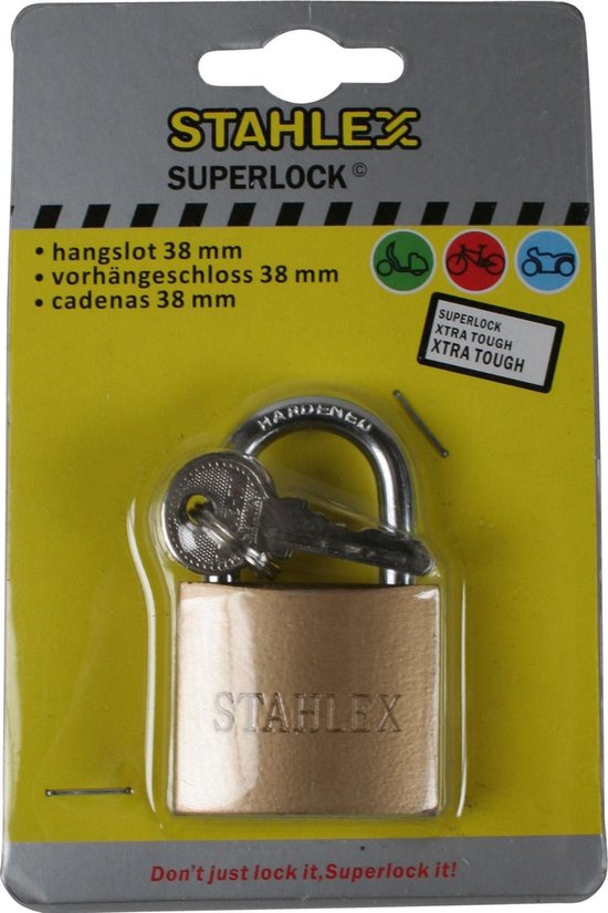 Cadenas Stahlex Superlock 38mm en emballage, avec 3 clés.