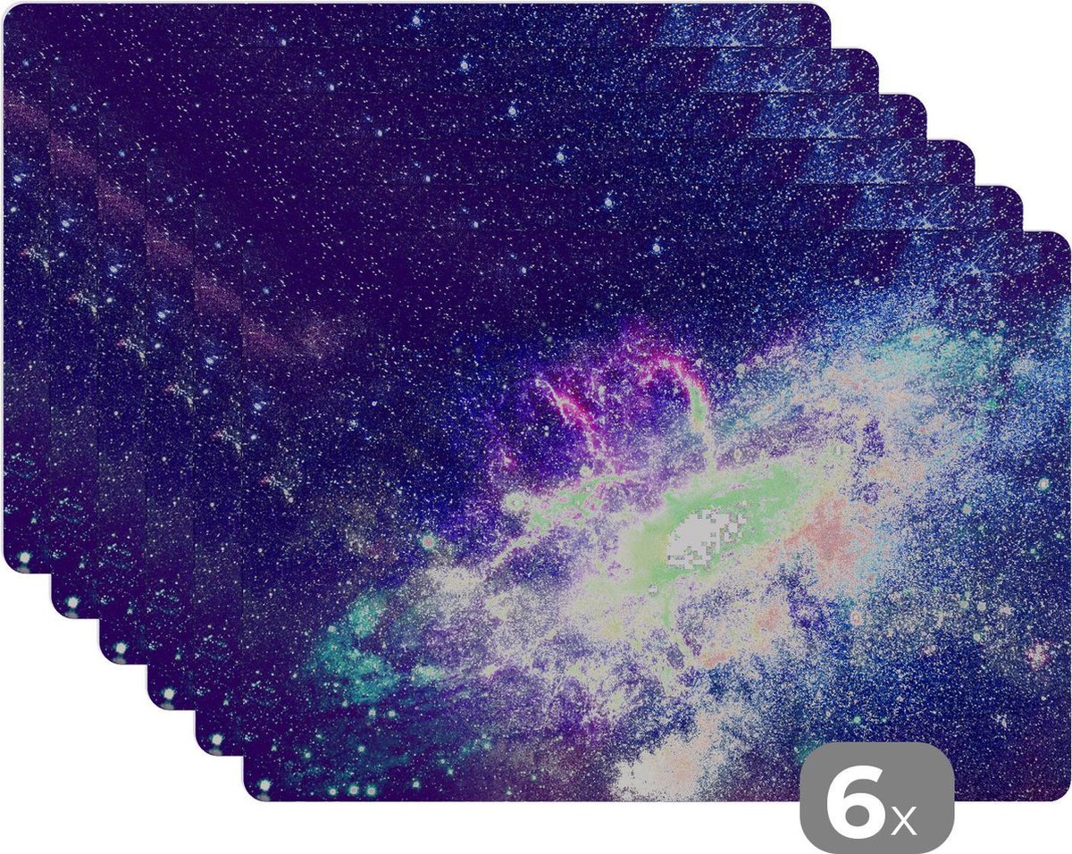 Placemat kinderen - Placemat - Placemats kunststof - Ruimte - Blauw - Sterren - 45x30 cm - 6 stuks - Hittebestendig - Anti-Slip - Onderlegger - Afneembaar