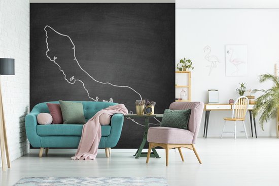 Behang - Fotobehang Een zwart wit illustratie van Curaçao op een krijtbord - Breedte 300 cm x hoogte 300 cm