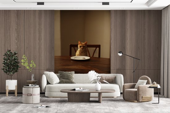 Papier peint - Papier peint photo Chat - Table à manger - Assiette - Largeur 145 cm x hauteur 220 cm