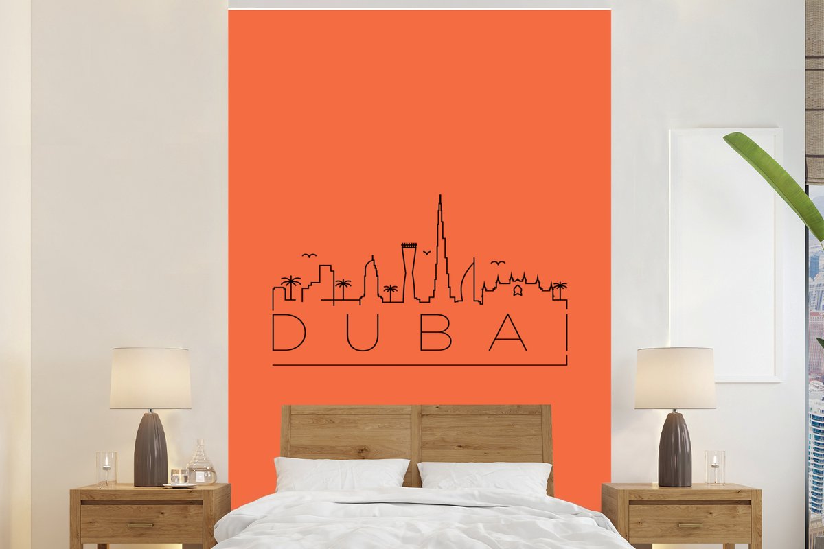 Behang - Fotobehang Skyline Dubai oranje - Breedte 225 cm x hoogte 350 cm