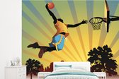 Behang - Fotobehang Een stijlvolle basketballer dunkt in een illustratie - Breedte 265 cm x hoogte 240 cm