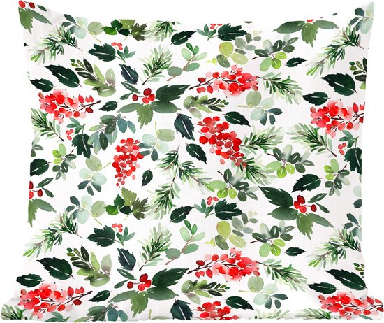 Sierkussens - Kussentjes Woonkamer - 45x45 cm - Waterverf - Bessen - Rood - Kerstversiering - Kerstdecoratie voor binnen - Woonkamer