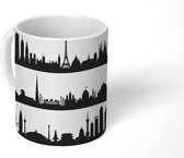 Mok - Zwart-wit tekening van een skyline met bezienswaardigheden - 350 ML - Beker - Uitdeelcadeautjes