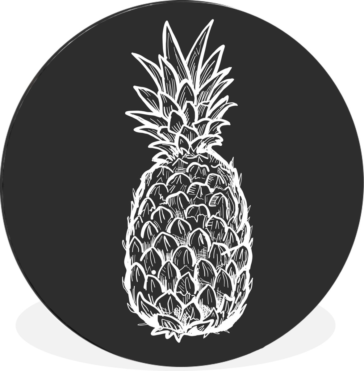 WallCircle - Wandcirkel - Muurcirkel - Illustratie van een ananas in zwart-wit - Aluminium - Dibond - 140x140 cm - Binnen en Buiten