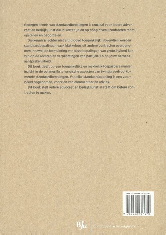 Boek kaft met tekst over standaard contractbepalingen. Rechtsonder logo Bju Boom Juridische uitgevers.