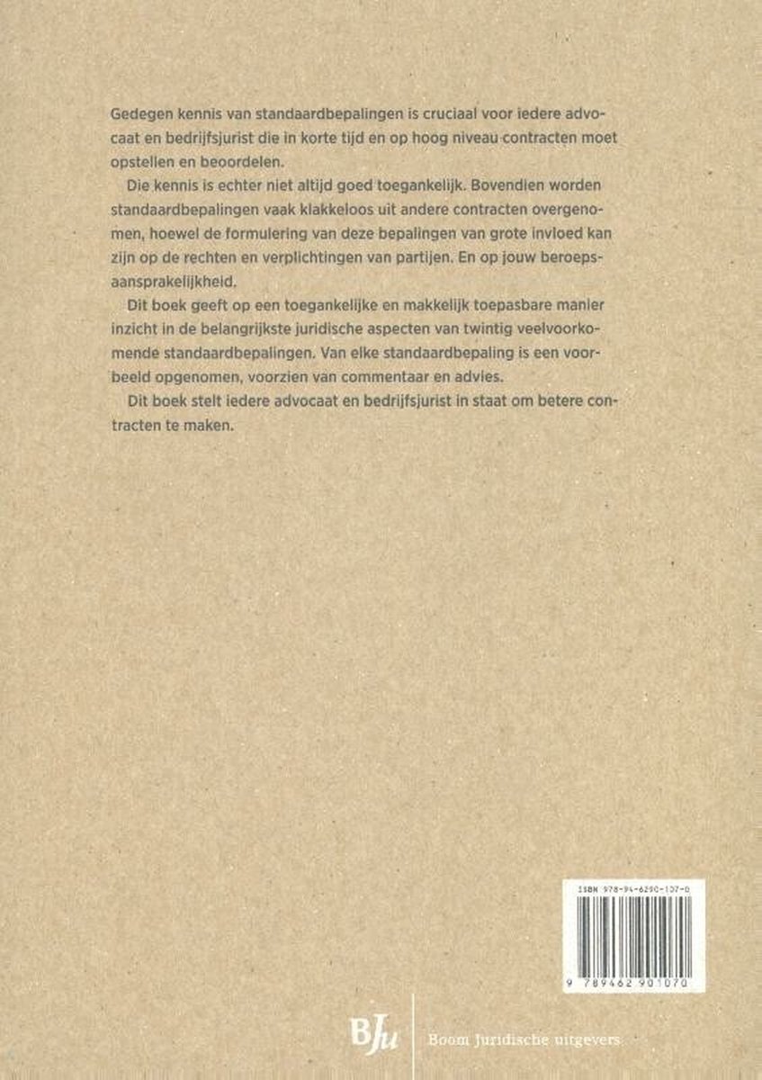 Boek kaft met tekst over standaard contractbepalingen. Rechtsonder logo Bju Boom Juridische uitgevers.