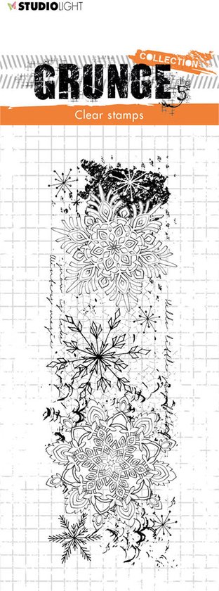 Verpakkingskaart met de tekst "Grunge collection 5.0" en een afbeelding van clear stamps met een sneeuwvlok- en kerstboomdesign.