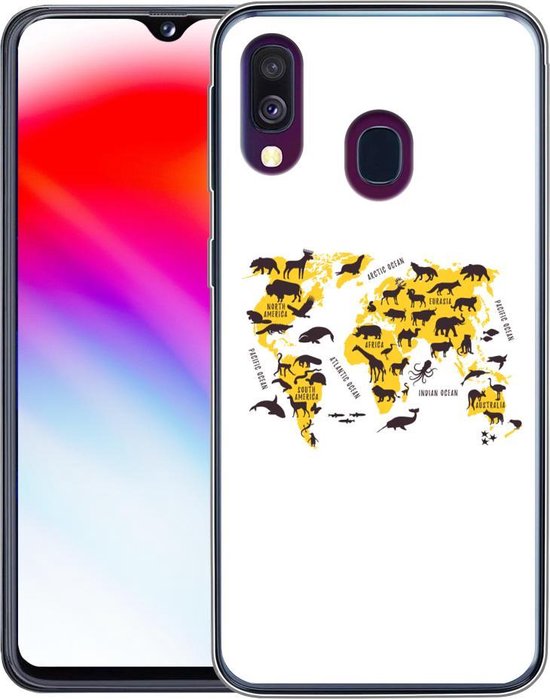 Coque Samsung Galaxy A40 - Wereldkaart - Animaux - Jaune - Siliconen