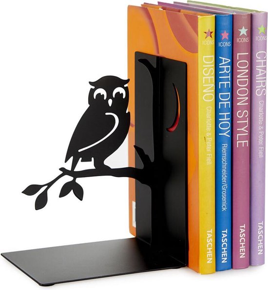 Zwarte boekensteun met uil op tak, staand naast een rij kleurrijke boeken.