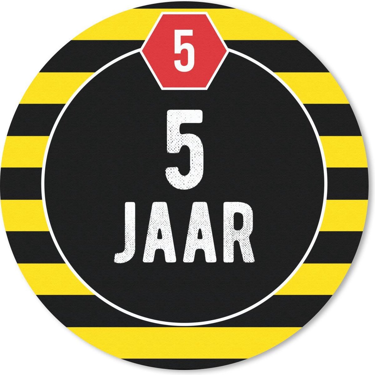 Muismat rond 30x30 cm - Mousepad Jubileum - 5 jaar - Geel - Zwart - Ronde muismatten