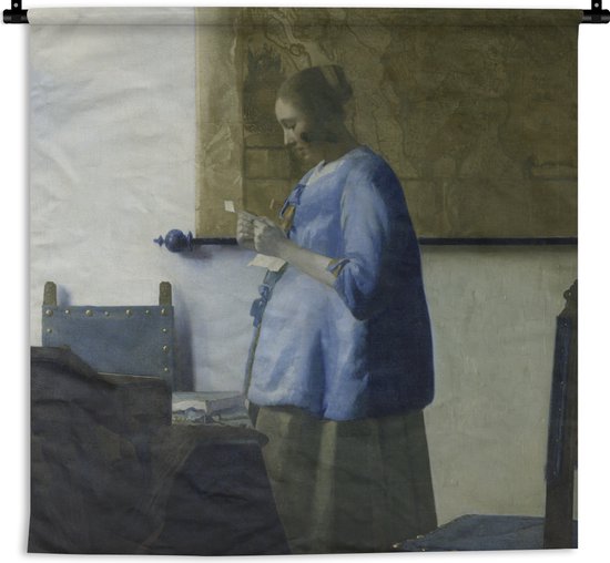 Wandkleed - Wanddoek - Brieflezende vrouw in het blauw - Johannes Vermeer - 180x180 cm - Wandtapijt