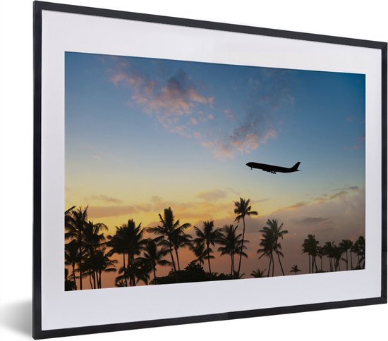 Fotolijst incl. Poster - Silhouet van een vliegtuig boven de palmen - 40x30 cm - Posterlijst
