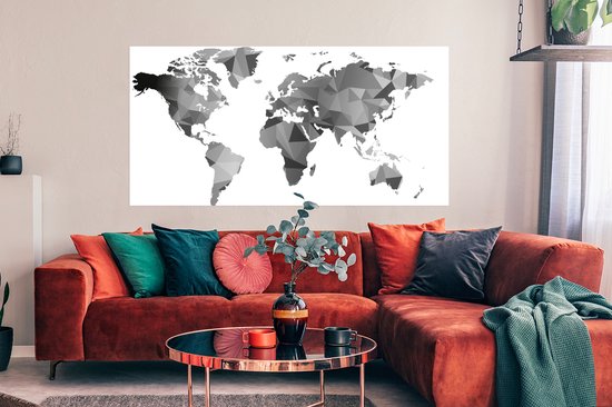 Affiche Carte du Wereldkaart - Formes - Niveaux de gris - 150x75 cm