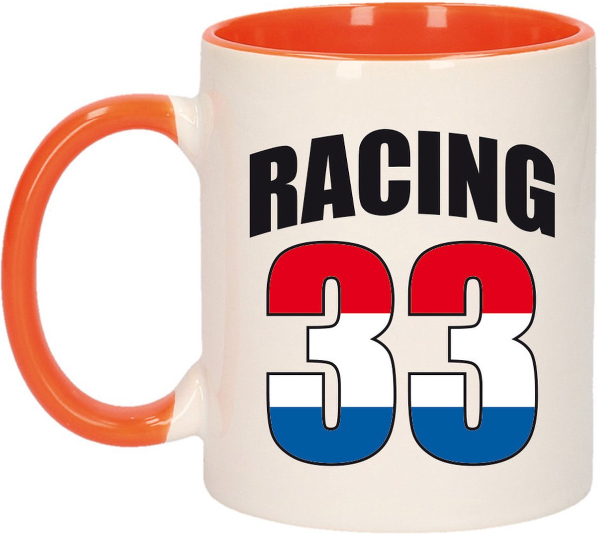 Racing 33 vlag beker / mok wit en oranje - 300 ml - Coureur supporter / race artikelen