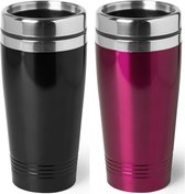 Set van 2x stuks Warmhoudbekers/warm houd bekers metallic zwart en roze 450 ml