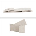 Een stoffen lade, beige van kleur, in platgevouwen toestand en als openstaande bak.