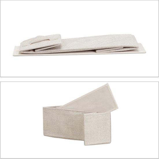 Een stoffen lade, beige van kleur, in platgevouwen toestand en als openstaande bak.