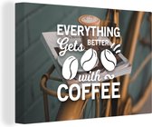 Peinture - Citation de Café 'Tout s'améliore avec le café' avec un fond avec du café et un vélo - 90x60 cm - Toile