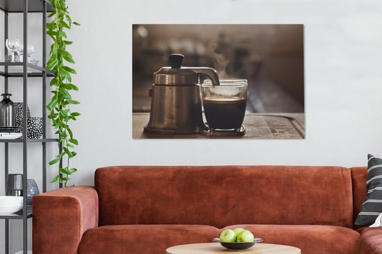 Une petite cafetière avec deux tasses de café en toile 140x90 cm - Tirage photo sur toile (Décoration murale salon / chambre)