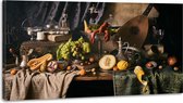 Schilderij -Stilleven met Kreeft en Fruit,120x70cm. Wanddecoratie, premium print