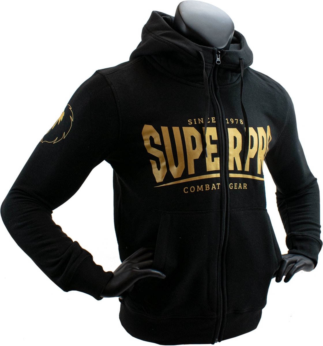 Super Pro Hoodie met Rits S.P. Logo Zwart/Goud Maat 164