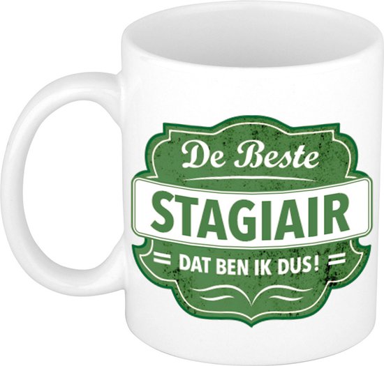 Foto: De beste stagiair cadeau koffiemok theebeker wit met groen embleem 300 ml keramiek stage cadeaumok afscheidscadeau