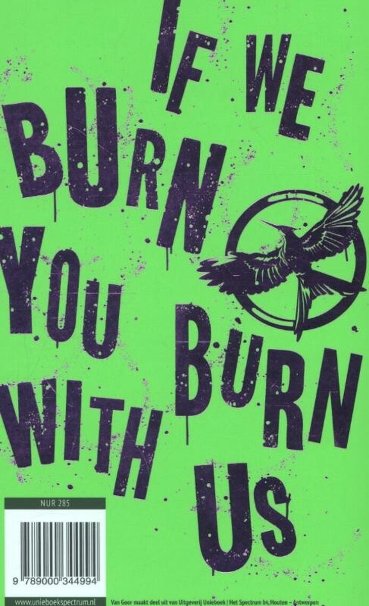 Paarse tekst "IF WE BURN YOU BURN WITH US" op felgroene achtergrond met spetters. Paarse spotgaai met cirkel.