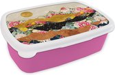 Broodtrommel Roze - Lunchbox Goud - Bloemen - Print - Abstract - Landschap - Patronen - Brooddoos 18x12x6 cm - Brood lunch box - Broodtrommels voor kinderen en volwassenen
