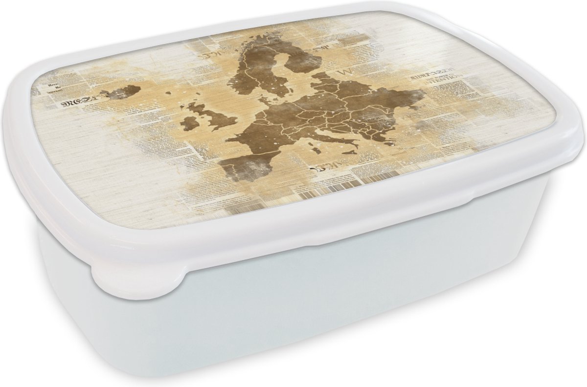 Broodtrommel Wit - Lunchbox - Brooddoos - Kaart Europa - Bruin - Krant - 18x12x6 cm - Volwassenen
