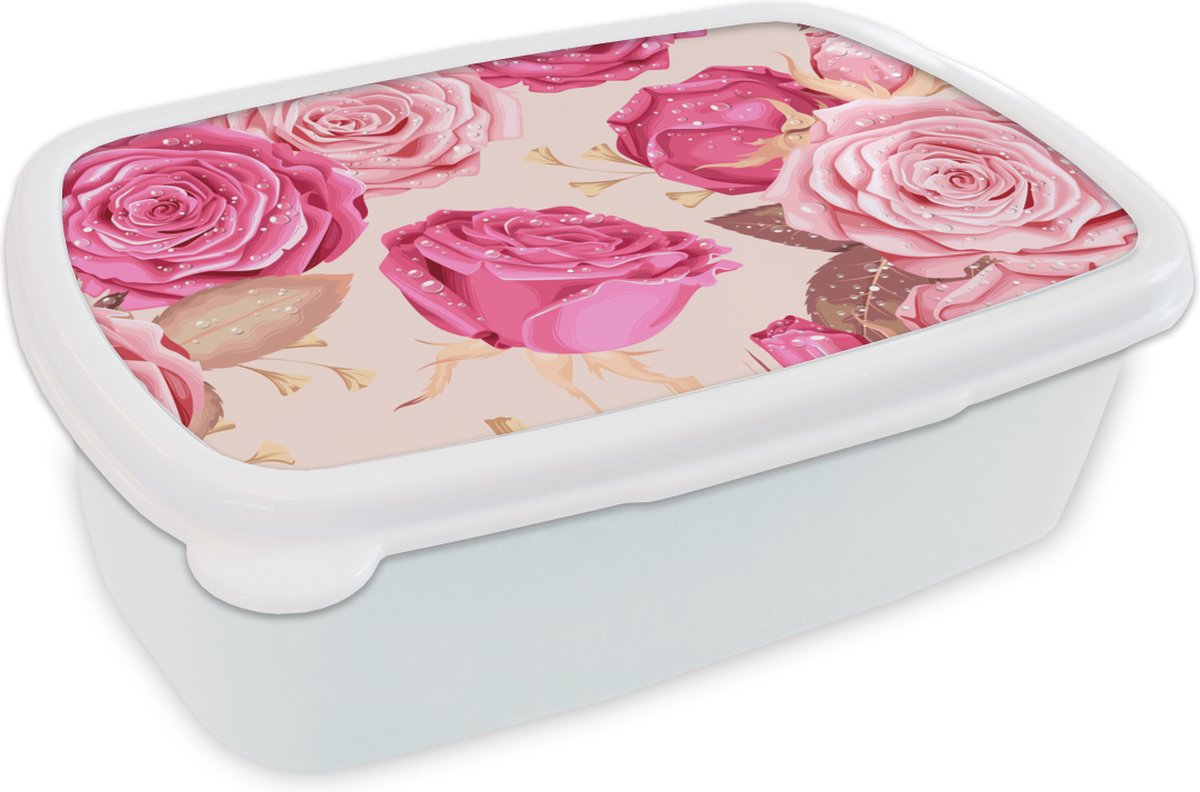 Broodtrommel Wit - Lunchbox - Brooddoos - Rozen - Bloemen - Druppels - 18x12x6 cm - Volwassenen