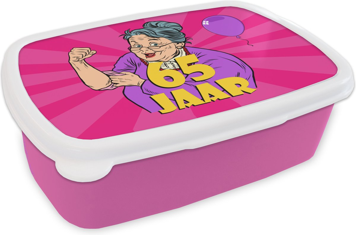 Broodtrommel Roze - Lunchbox - Brooddoos - Vrouw - Jubileum - 65 Jaar - 18x12x6 cm - Kinderen - Meisje