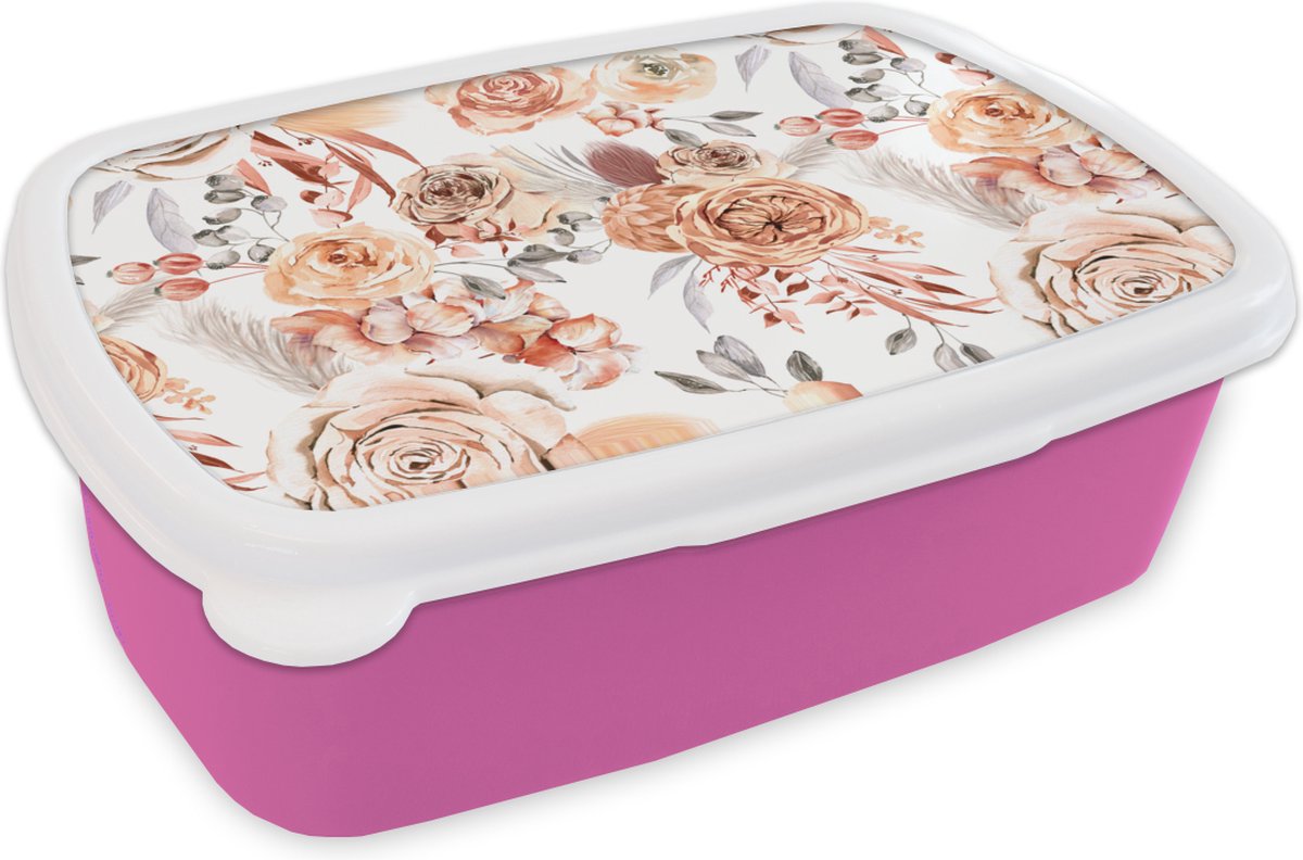 Broodtrommel Roze - Lunchbox - Brooddoos - Rozen - Boho - Patroon - 18x12x6 cm - Kinderen - Meisje