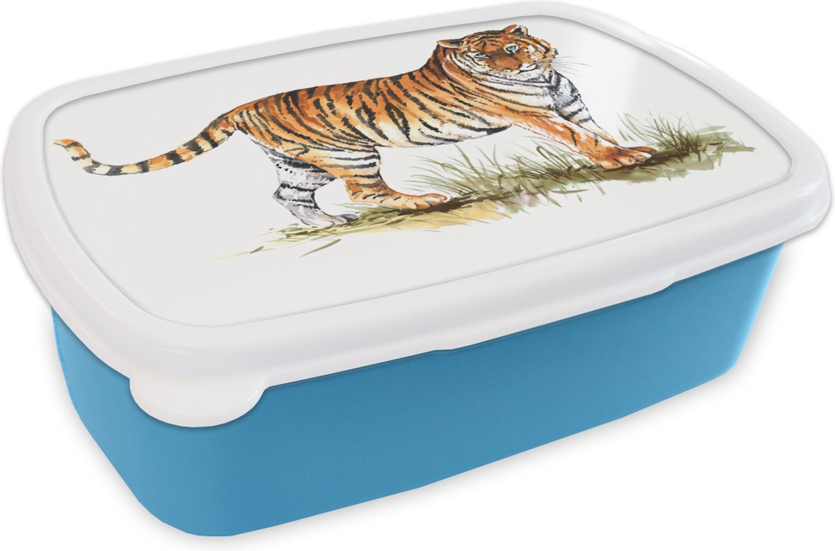 Broodtrommel Blauw - Lunchbox - Brooddoos - Tijger - Gras - Wit - 18x12x6 cm - Kinderen - Jongen