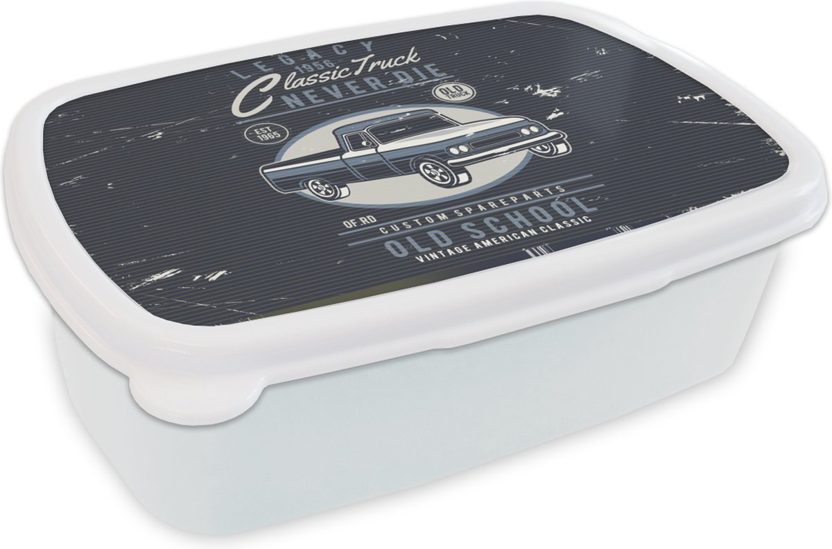Broodtrommel Wit - Lunchbox - Brooddoos - Auto - Vintage - Tekening - 18x12x6 cm - Volwassenen