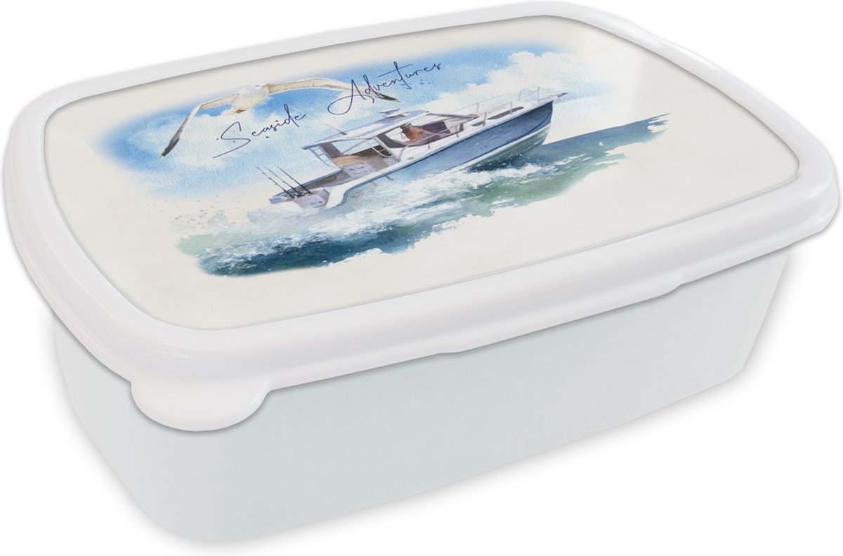 Broodtrommel Wit - Lunchbox - Brooddoos - Boot - Vogel - Waterverf - 18x12x6 cm - Volwassenen