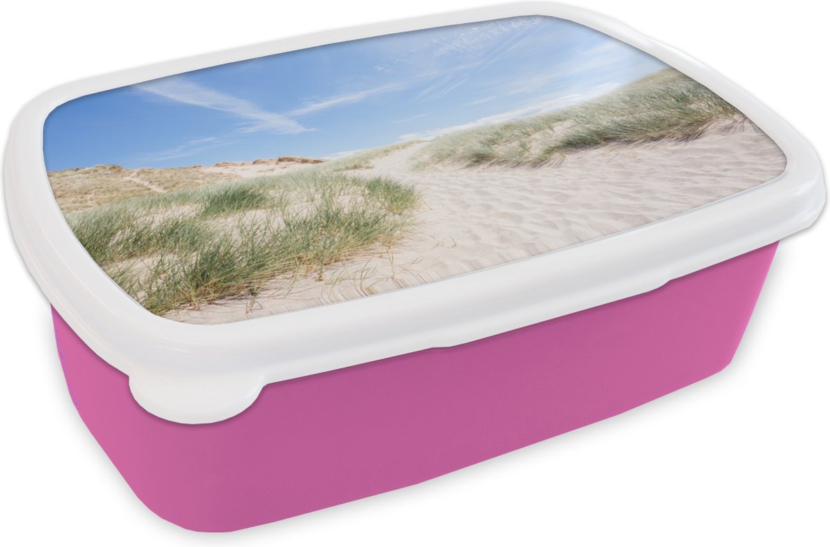 Broodtrommel Roze - Lunchbox - Brooddoos - Strand - Duin - Gras - 18x12x6 cm - Kinderen - Meisje