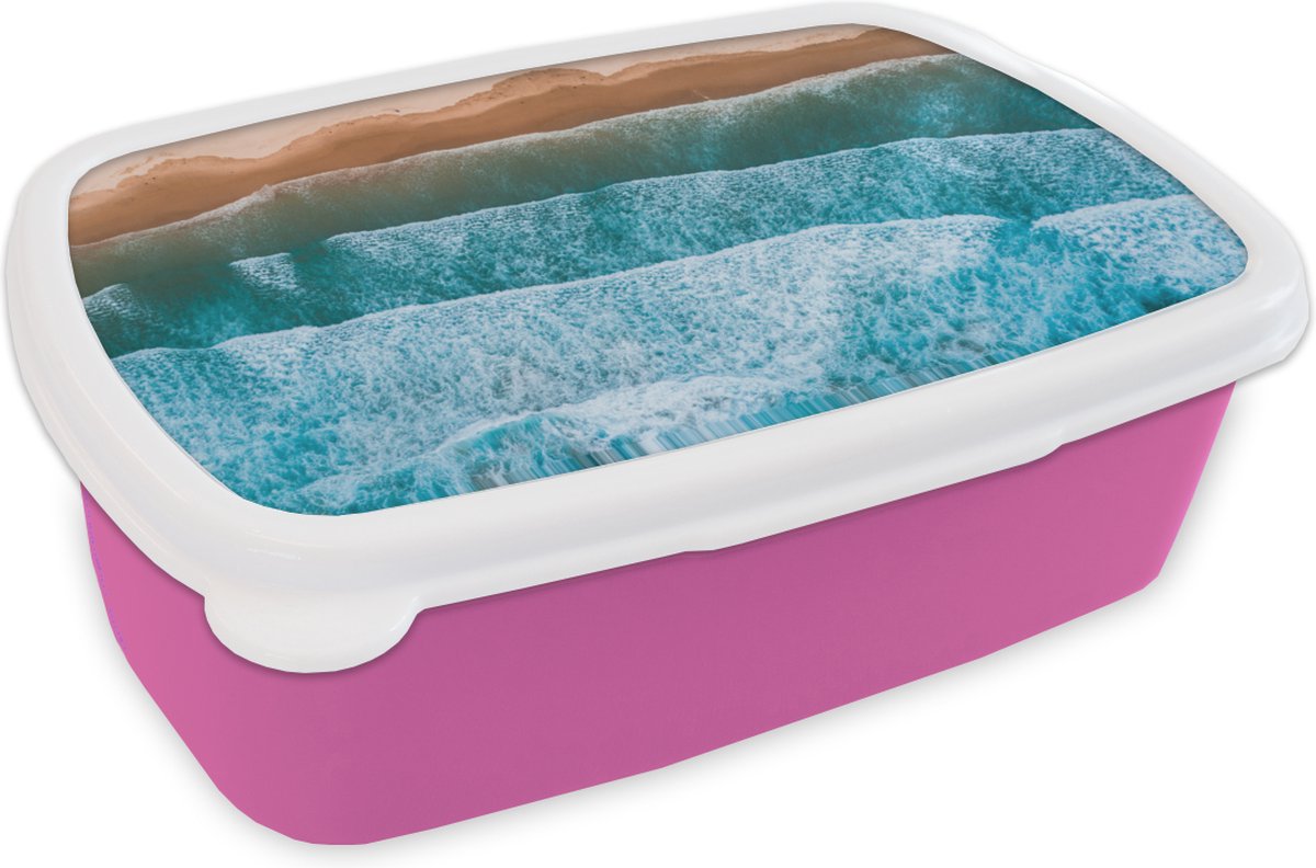 Broodtrommel Roze - Lunchbox - Brooddoos - Zee - Golf - Patroon - 18x12x6 cm - Kinderen - Meisje