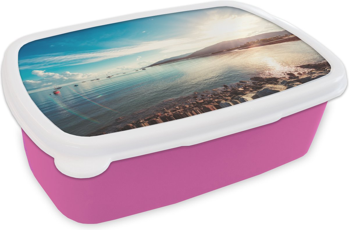 Broodtrommel Roze - Lunchbox - Brooddoos - Zee - Boot - Berg - 18x12x6 cm - Kinderen - Meisje