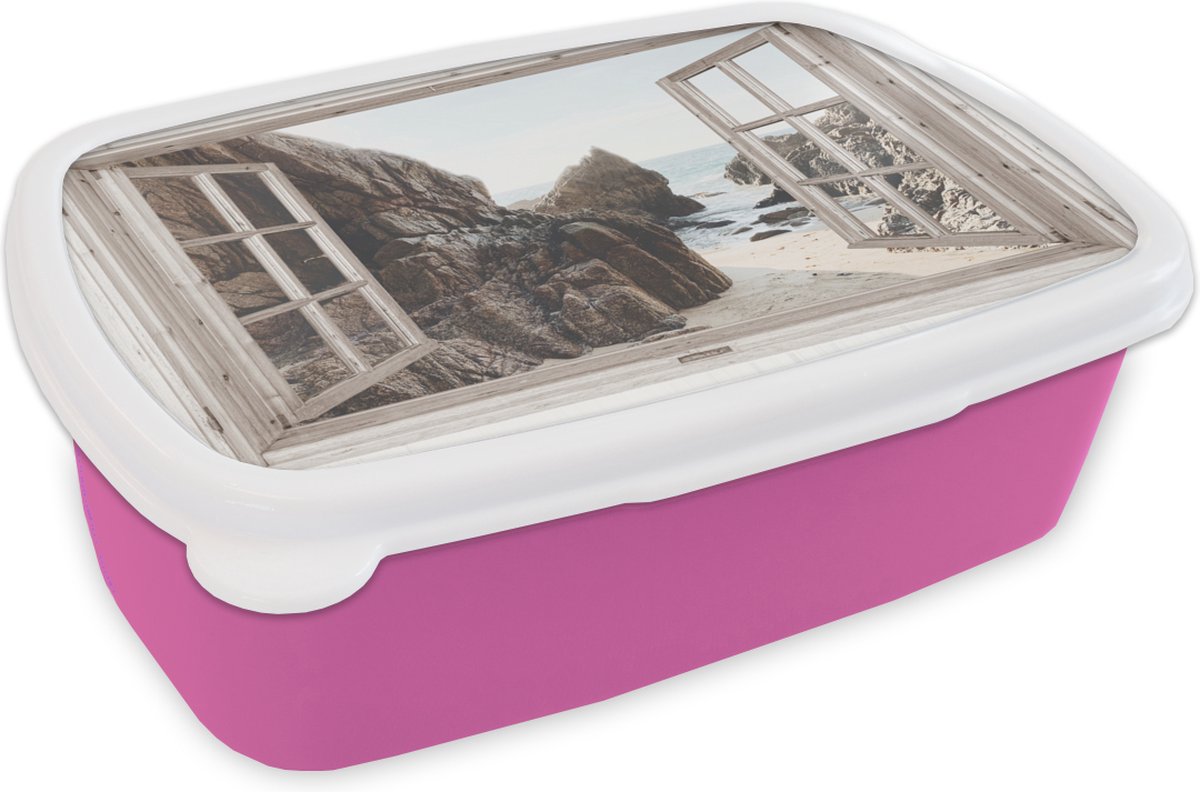 Broodtrommel Roze - Lunchbox - Brooddoos - Doorkijk - Strand - Zee - 18x12x6 cm - Kinderen - Meisje