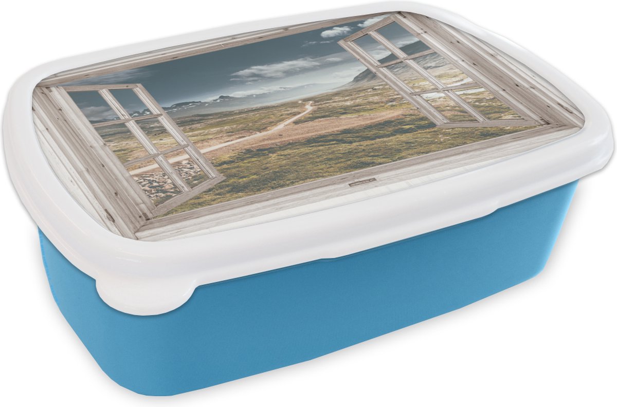 Broodtrommel Blauw - Lunchbox - Brooddoos - Doorkijk - Berg - Hout - 18x12x6 cm - Kinderen - Jongen