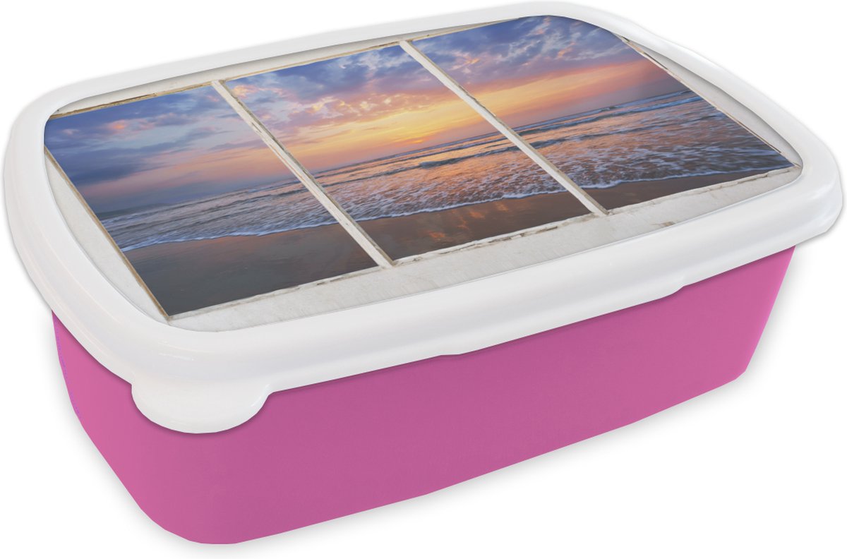 Broodtrommel Roze - Lunchbox - Brooddoos - Doorkijk - Zee - Strand - 18x12x6 cm - Kinderen - Meisje