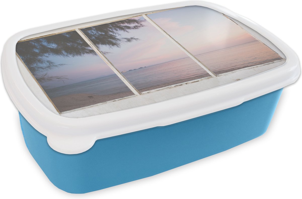 Broodtrommel Blauw - Lunchbox - Brooddoos - Doorkijk - Palmboom - Zee - 18x12x6 cm - Kinderen - Jongen