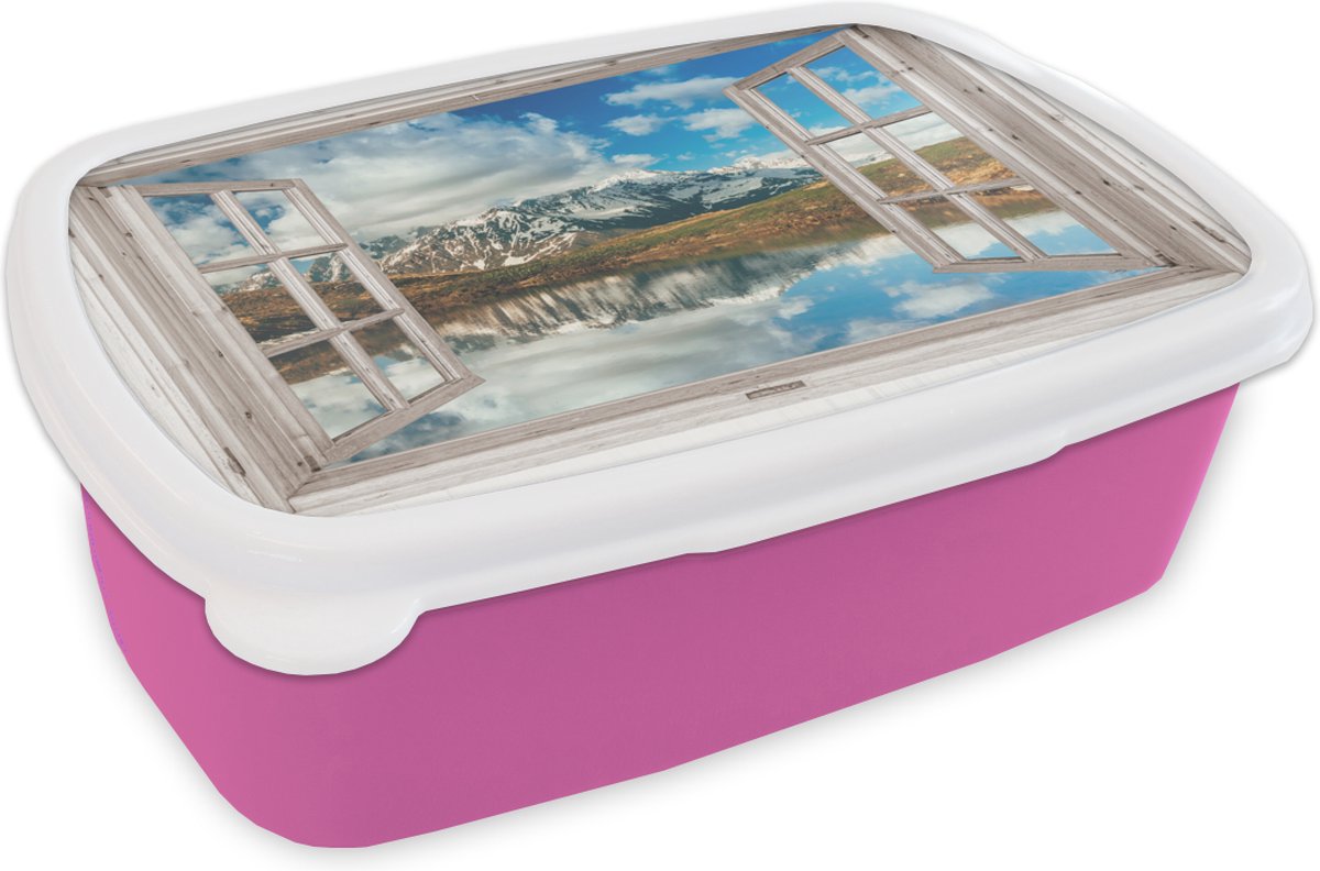 Broodtrommel Roze - Lunchbox - Brooddoos - Doorkijk - Berg - Water - 18x12x6 cm - Kinderen - Meisje