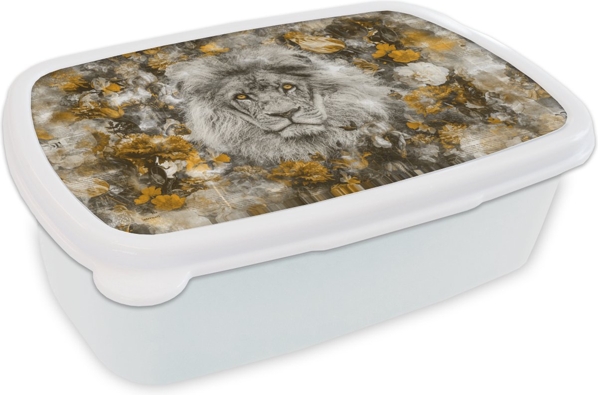 Broodtrommel Wit - Lunchbox - Brooddoos - Leeuw - Bloemen - Krant - 18x12x6 cm - Volwassenen